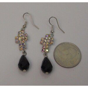 Women Cross Rhinestone Earrings Drop Dangle Silver Tones Hook Fasteners JAKI